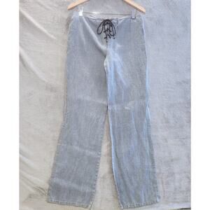 Vintage Clio Womens Slate Blue Chambray Lace Up Flare Linen Pants Size 10 Y2K